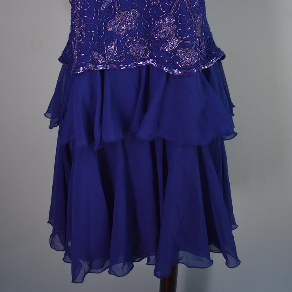 NWT LAWRENCE KAZAR Heavy Beaded Dress M Silk Floral Tiered Overlay Cocktail - Picture 2 of 7